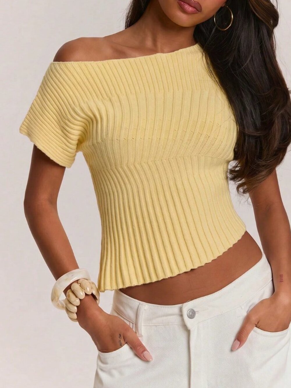 Yellow Casual Women's Asymmetrical Cropped Knit Top